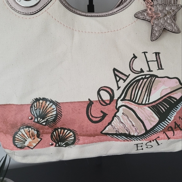 Coach Cream And Coral Shell Tote - Picture 2 of 16